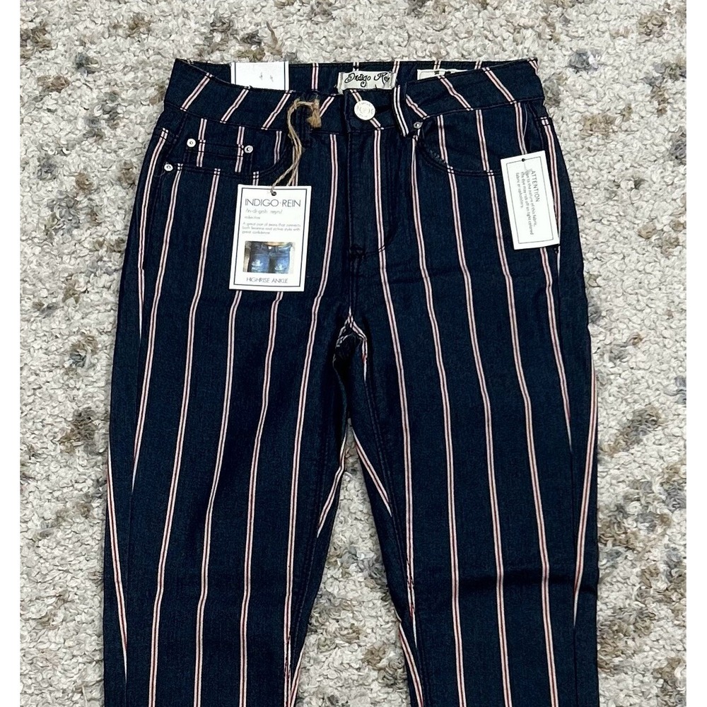 INDIGO REIN Junior's Jeans Size 3 Pockets Ankle Length High Rise Striped NWT - Picture 2 of 10